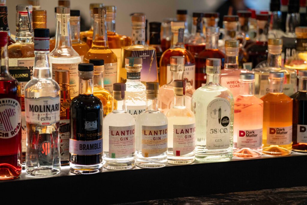 Our backbar with spirits sourced from around the UK coastline and used in our cocktails