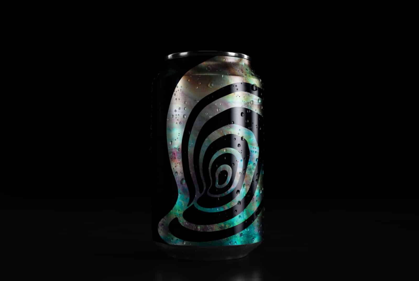 Black can with pearlescent Oyster illustration on and black background. Made for Oyster Stout Launch with unbarred brewery.