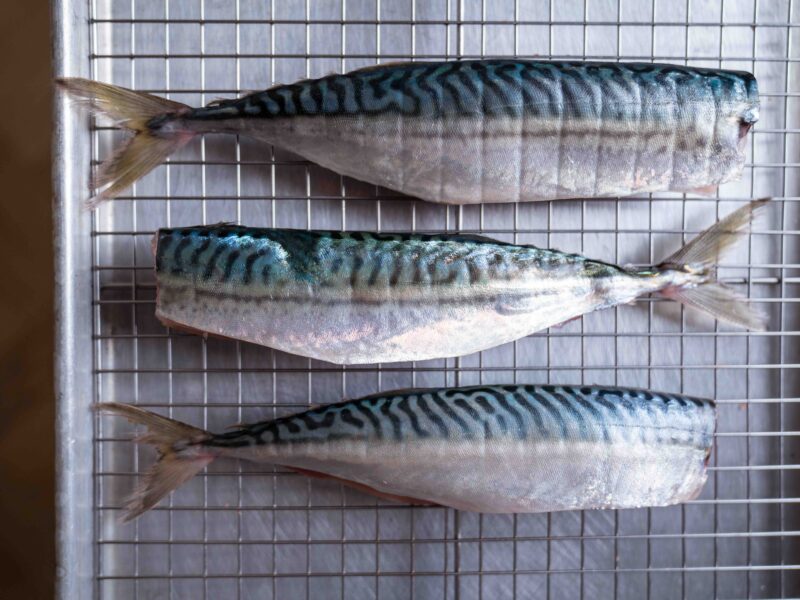 Three filleted and prepped Mackerel on grilling tray