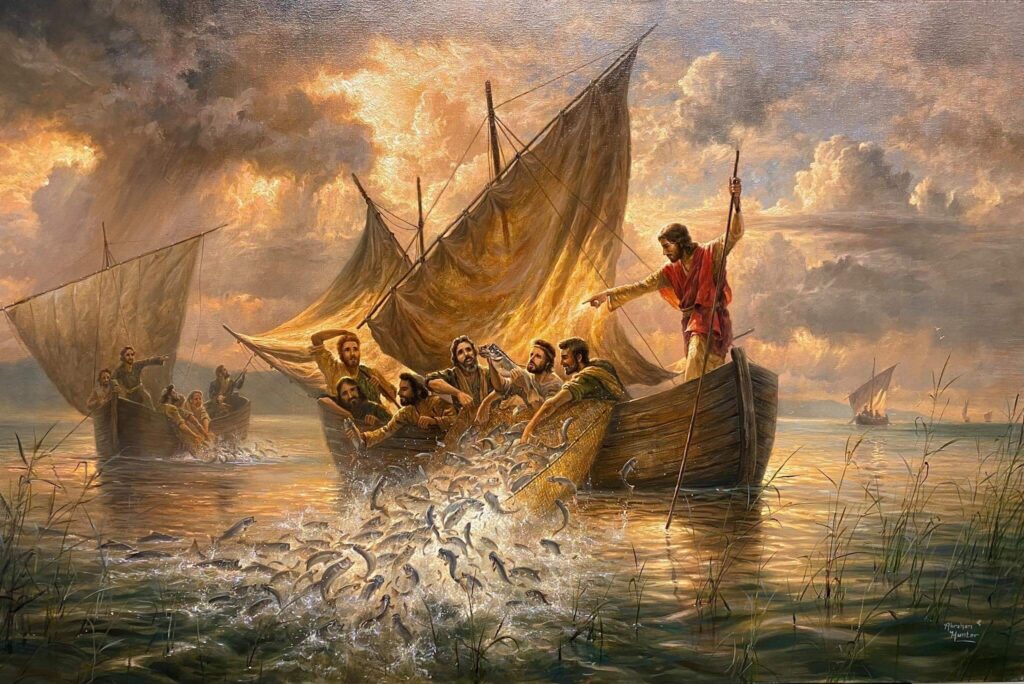 Peter the Apostle on the Sea of Galilee, classical painting depicting him casting his net to catch fish for the masses in a small wooden fishing boat with main sail and other fishermen seated around him on calm seas.