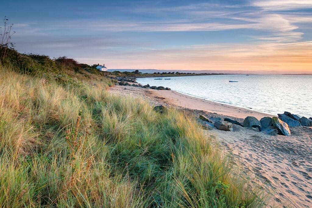 Classic british sand dunes with long grass waving in wind in front of a sandy backdrop and calm see and red and blue sky in the far distance